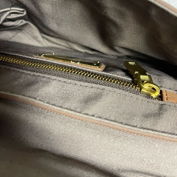 J Crew leather beige and tan clutch brass hardware. - Picture 7 of 11